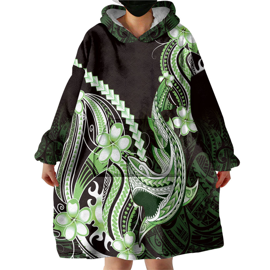 Green Black Aloha Hawaii Wearable Blanket Hoodie Polynesian Shark Tattoo Plumeria LT14 - Polynesian Pride