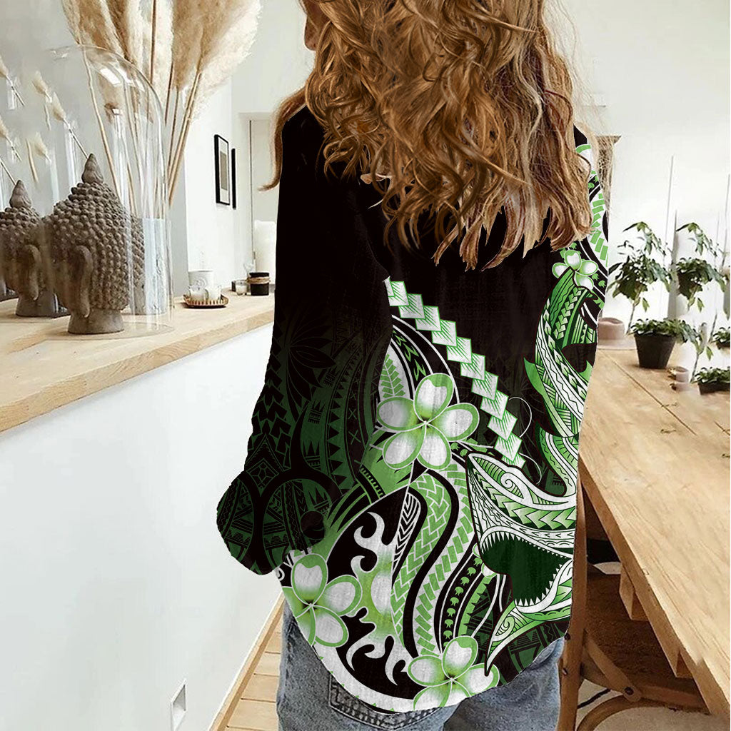 Green Black Aloha Hawaii Women Casual Shirt Polynesian Shark Tattoo Plumeria LT14 - Polynesian Pride