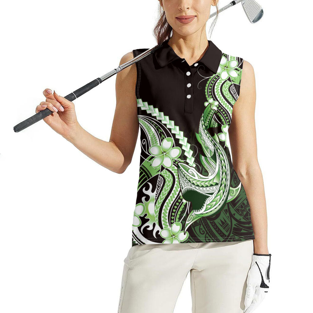 Green Black Aloha Hawaii Women Sleeveless Polo Shirt Polynesian Shark Tattoo Plumeria LT14 - Polynesian Pride