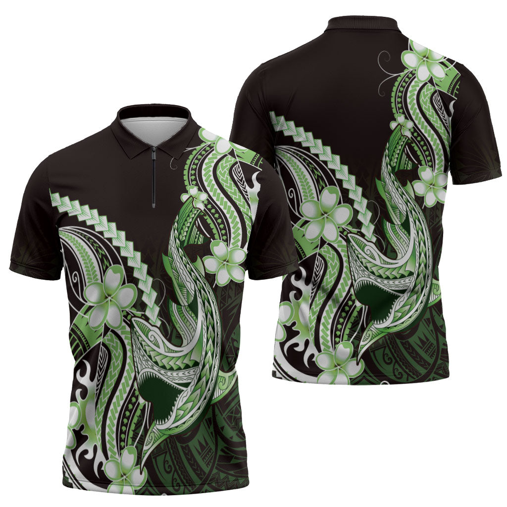 Green Black Aloha Hawaii Zipper Polo Shirt Polynesian Shark Tattoo Plumeria LT14 - Polynesian Pride