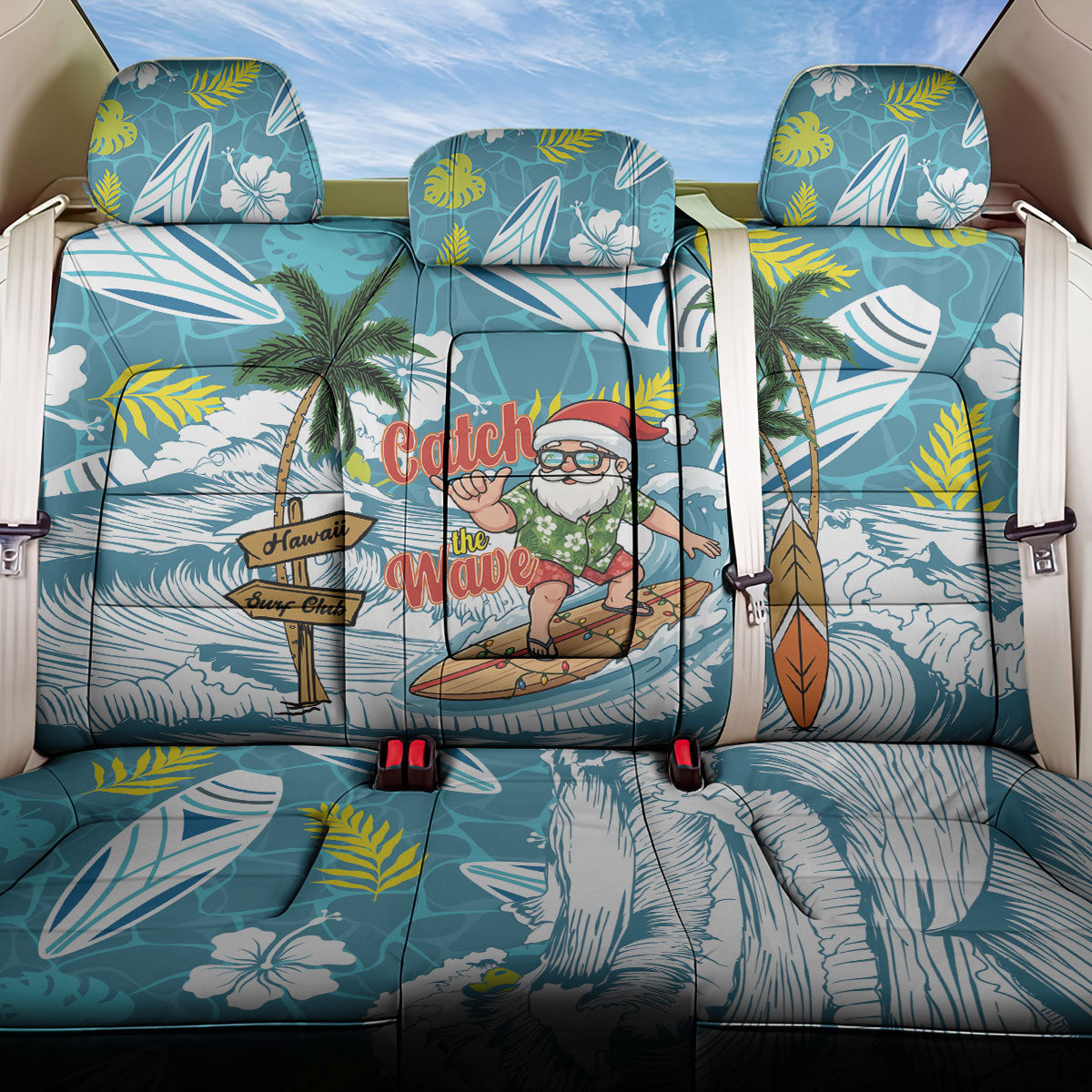 Hawaii Summer Christmas Back Car Seat Cover Surfing Santa Shaka Catch The Wave