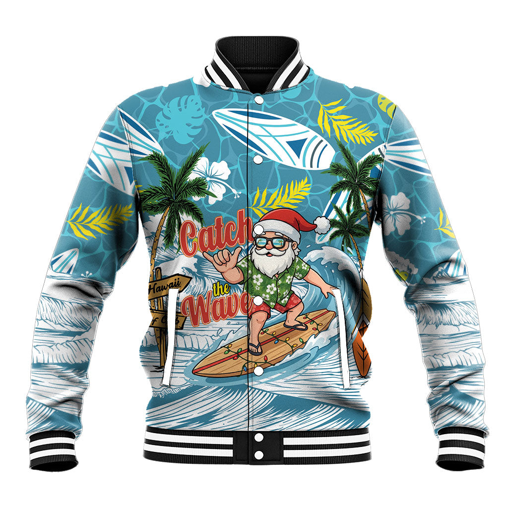 Hawaii Summer Christmas Baseball Jacket Surfing Santa Shaka Catch The Wave