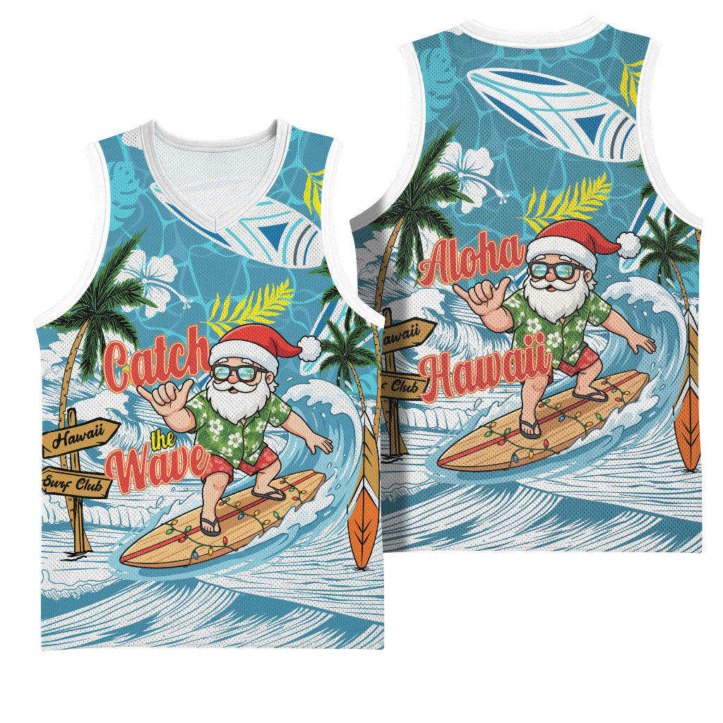Hawaii Summer Christmas Basketball Jersey Surfing Santa Shaka Catch The Wave LT14 - Polynesian Pride