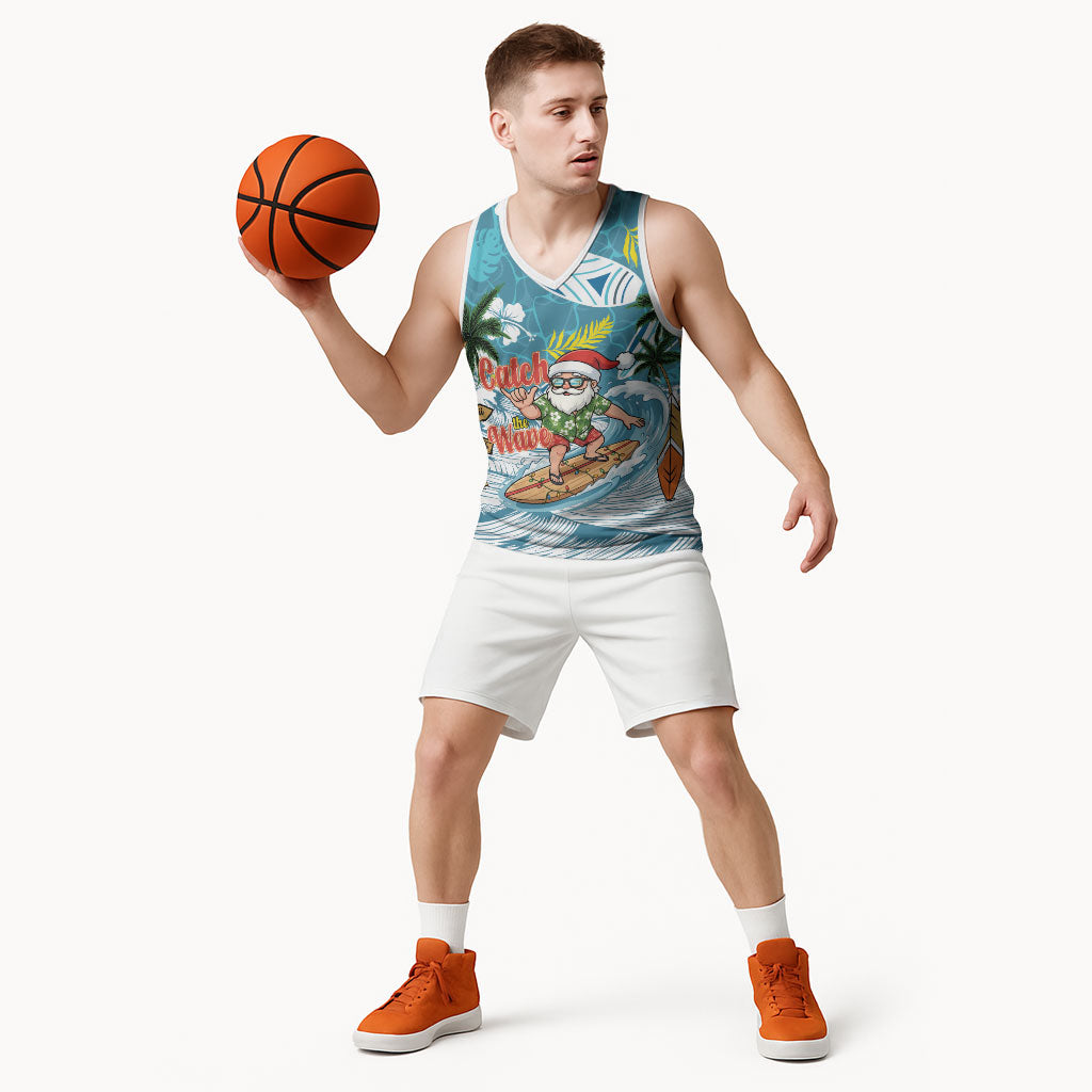 Hawaii Summer Christmas Basketball Jersey Surfing Santa Shaka Catch The Wave LT14 - Polynesian Pride