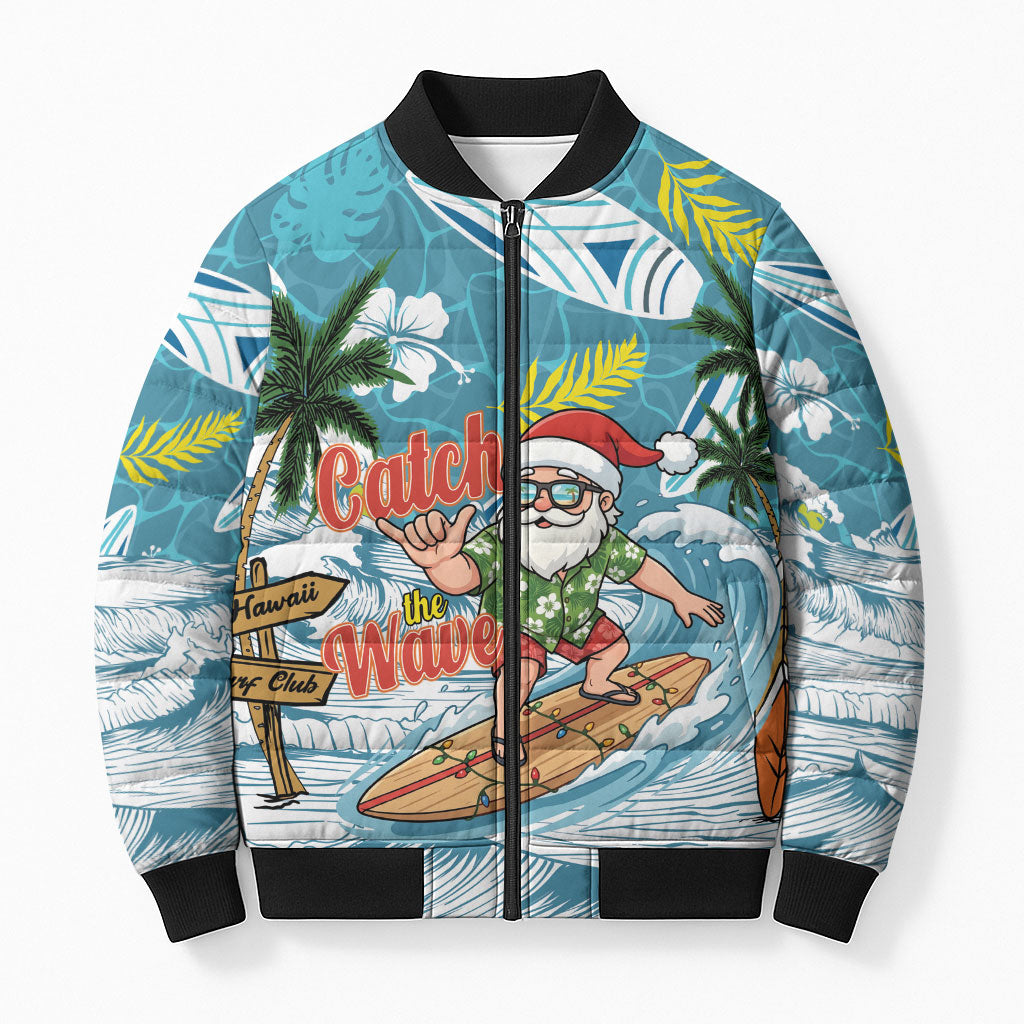 Hawaii Summer Christmas Bomber Puffer Jacket Surfing Santa Shaka Catch The Wave