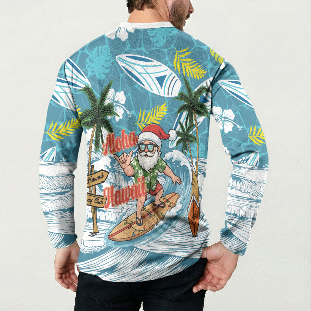 Hawaii Summer Christmas Button Sweatshirt Surfing Santa Shaka Catch The Wave