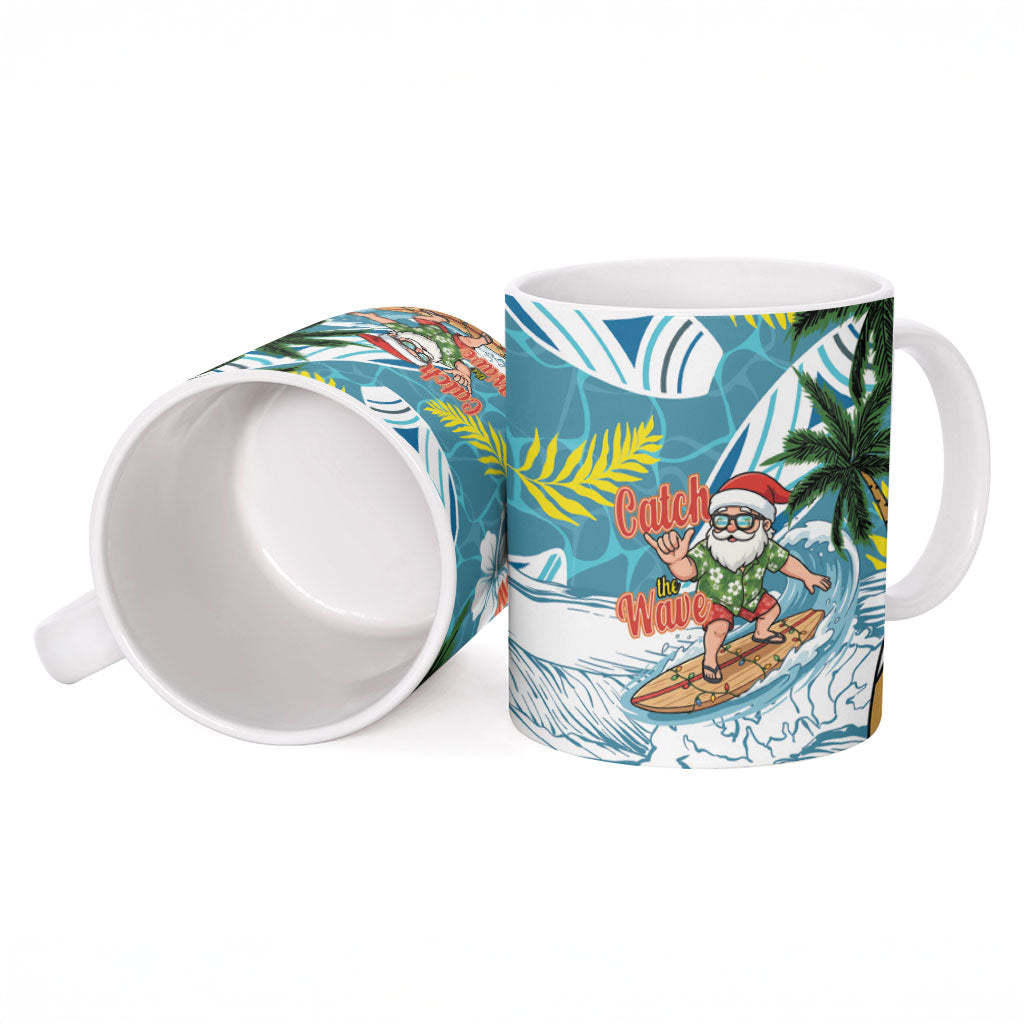 Hawaii Summer Christmas Ceramic Mug Surfing Santa Shaka Catch The Wave