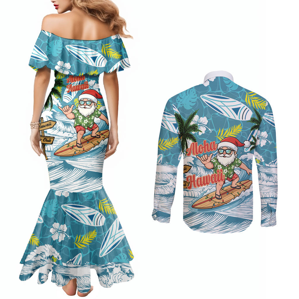 Hawaii Summer Christmas Couples Matching Mermaid Dress and Long Sleeve Button Shirt Surfing Santa Shaka Catch The Wave LT14 - Polynesian Pride