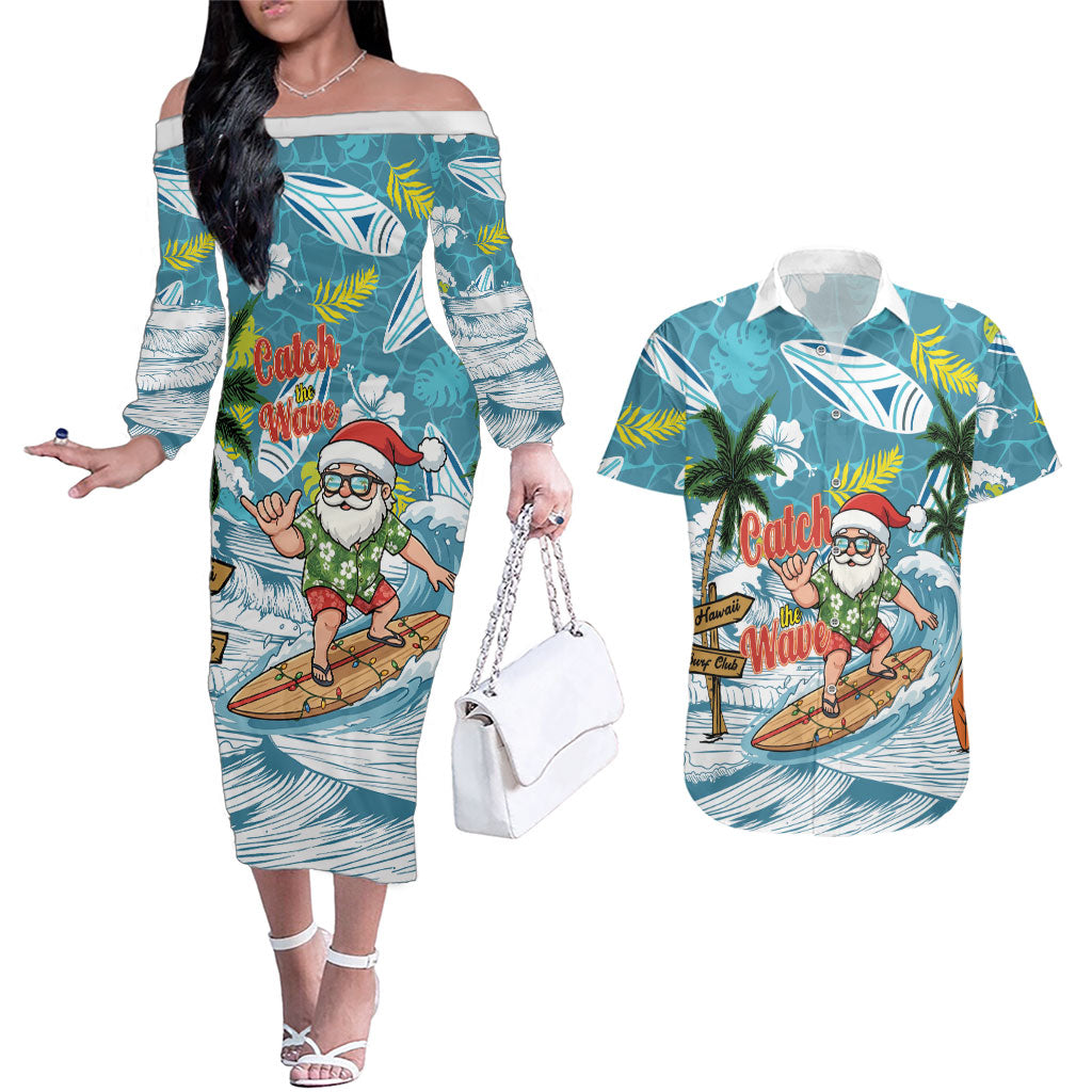 Hawaii Summer Christmas Couples Matching Off The Shoulder Long Sleeve Dress and Hawaiian Shirt Surfing Santa Shaka Catch The Wave LT14 Teal - Polynesian Pride