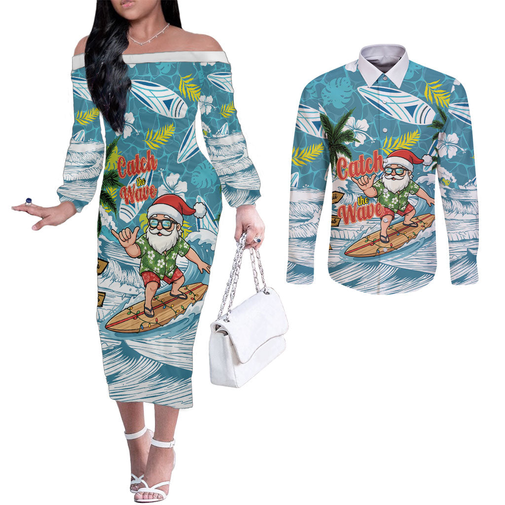 Hawaii Summer Christmas Couples Matching Off The Shoulder Long Sleeve Dress and Long Sleeve Button Shirt Surfing Santa Shaka Catch The Wave