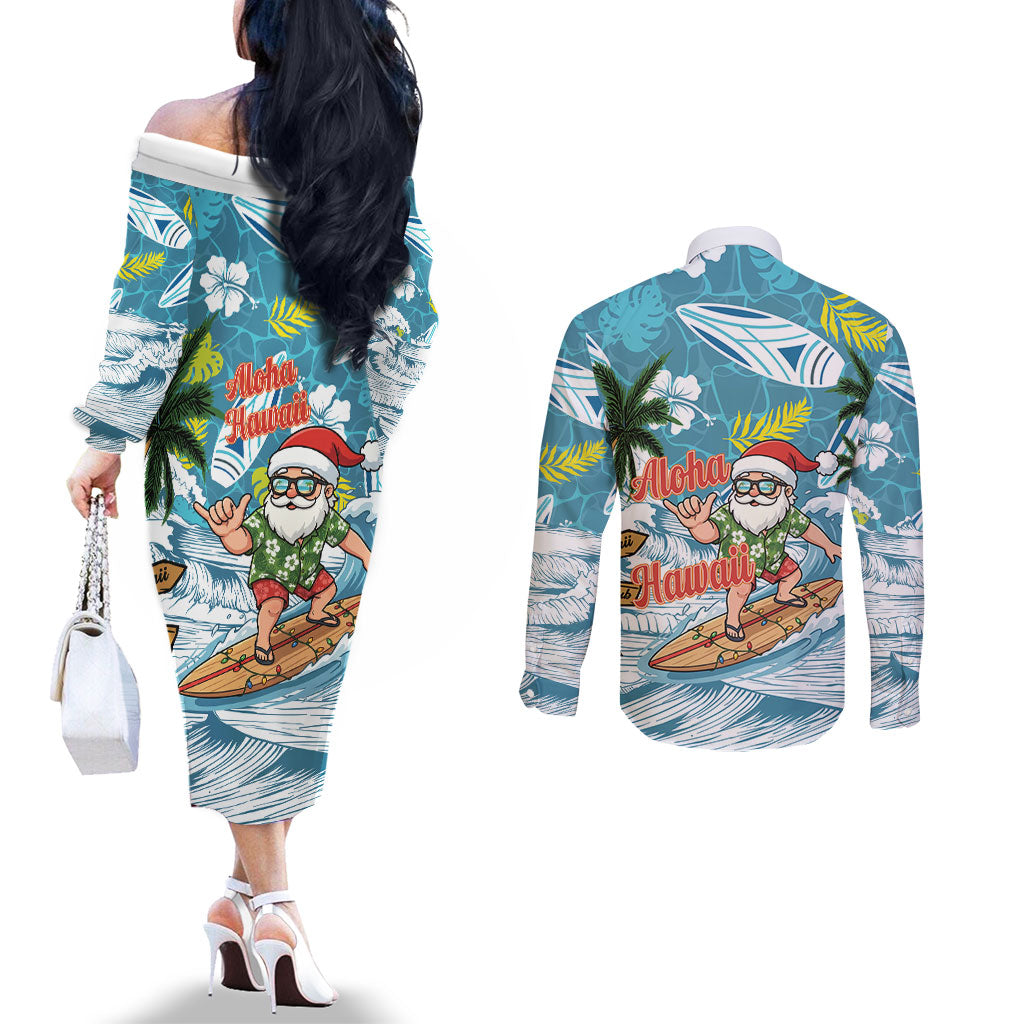 Hawaii Summer Christmas Couples Matching Off The Shoulder Long Sleeve Dress and Long Sleeve Button Shirt Surfing Santa Shaka Catch The Wave LT14 - Polynesian Pride