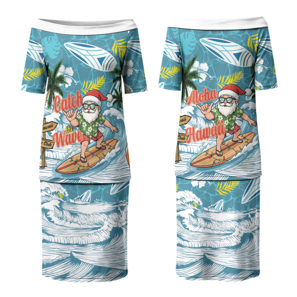 Hawaii Summer Christmas Couples Matching Puletasi and Long Sleeve Button Shirt Surfing Santa Shaka Catch The Wave LT14 - Polynesian Pride