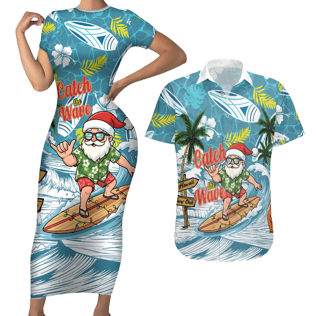 Hawaii Summer Christmas Couples Matching Short Sleeve Bodycon Dress and Hawaiian Shirt Surfing Santa Shaka Catch The Wave LT14 Teal - Polynesian Pride