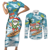 Hawaii Summer Christmas Couples Matching Short Sleeve Bodycon Dress and Long Sleeve Button Shirt Surfing Santa Shaka Catch The Wave LT14 Teal - Polynesian Pride