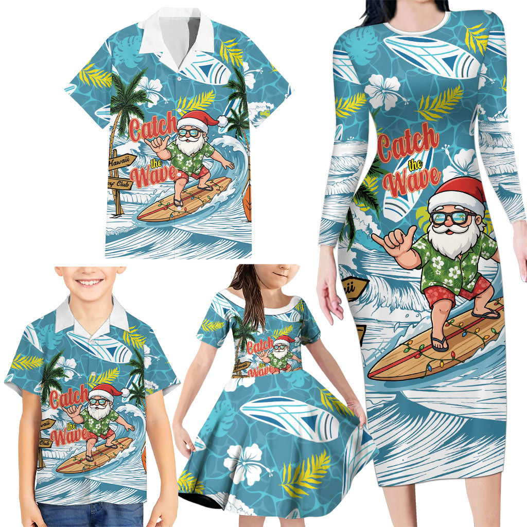 Hawaii Summer Christmas Family Matching Long Sleeve Bodycon Dress and Hawaiian Shirt Surfing Santa Shaka Catch The Wave LT14 - Polynesian Pride