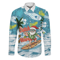 Hawaii Summer Christmas Family Matching Mermaid Dress and Hawaiian Shirt Surfing Santa Shaka Catch The Wave LT14 Dad's Shirt - Long Sleeve Teal - Polynesian Pride