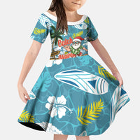 Hawaii Summer Christmas Family Matching Off Shoulder Maxi Dress and Hawaiian Shirt Surfing Santa Shaka Catch The Wave LT14 Daughter's Dress Teal - Polynesian Pride