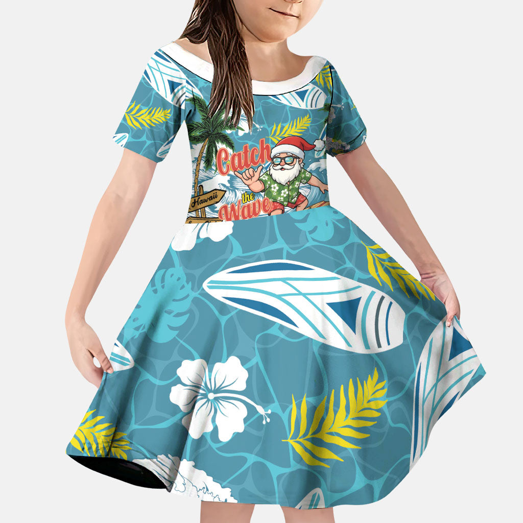 Hawaii Summer Christmas Family Matching Puletasi and Hawaiian Shirt Surfing Santa Shaka Catch The Wave LT14 Daughter's Dress Teal - Polynesian Pride