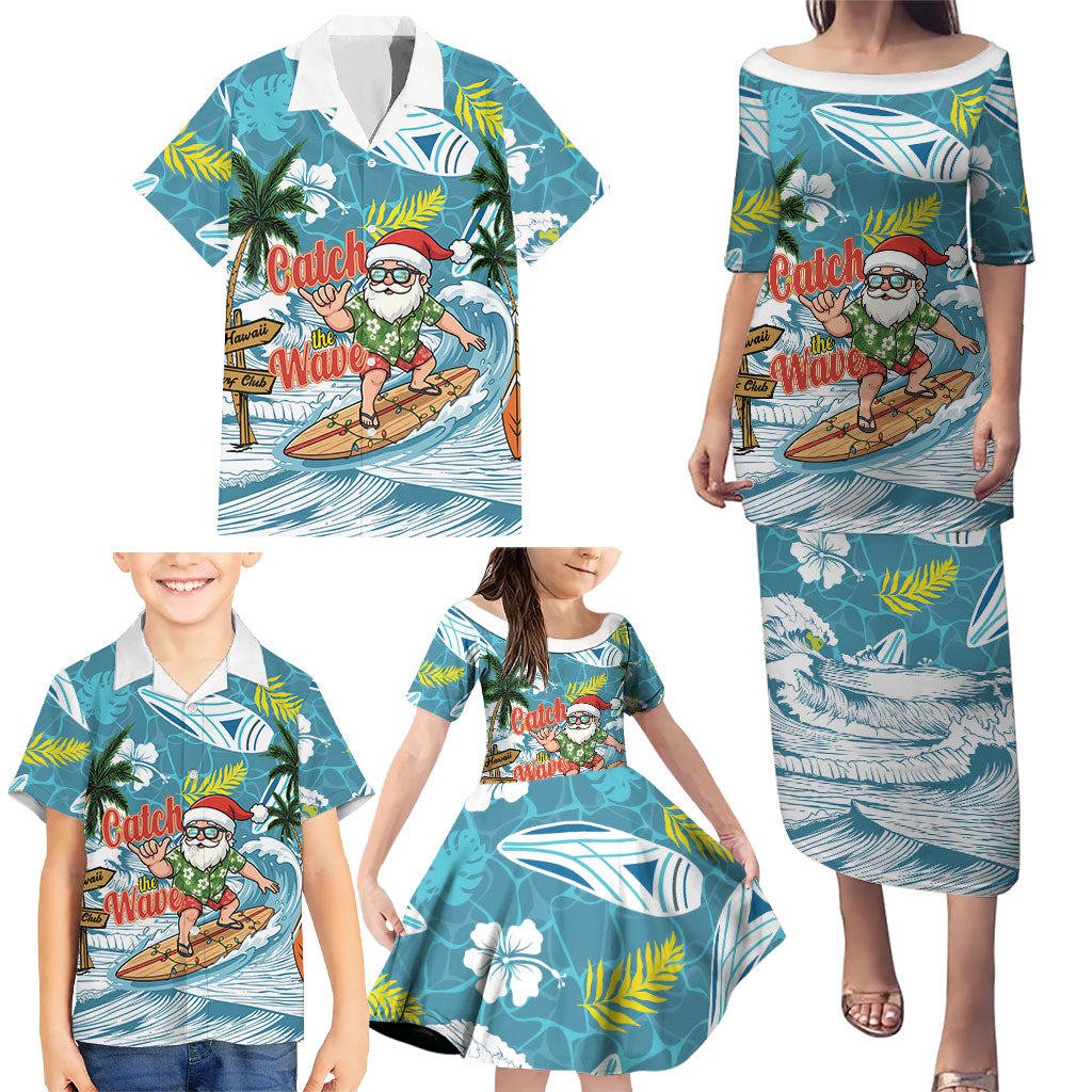 Hawaii Summer Christmas Family Matching Puletasi and Hawaiian Shirt Surfing Santa Shaka Catch The Wave