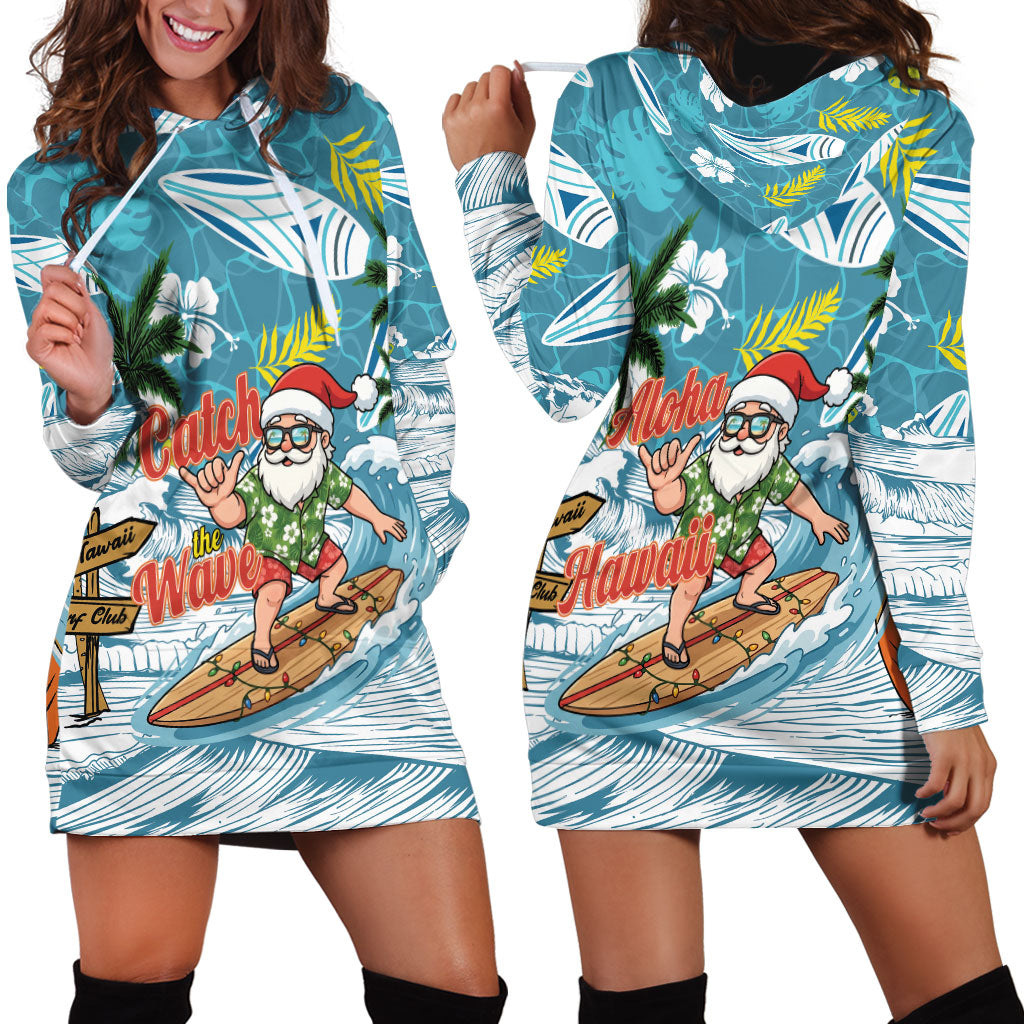 Hawaii Summer Christmas Hoodie Dress Surfing Santa Shaka Catch The Wave