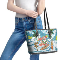 Hawaii Summer Christmas Leather Tote Bag Surfing Santa Shaka Catch The Wave