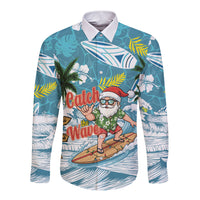 Hawaii Summer Christmas Long Sleeve Button Shirt Surfing Santa Shaka Catch The Wave
