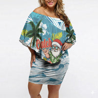 Hawaii Summer Christmas Off Shoulder Short Dress Surfing Santa Shaka Catch The Wave LT14 Women Teal - Polynesian Pride