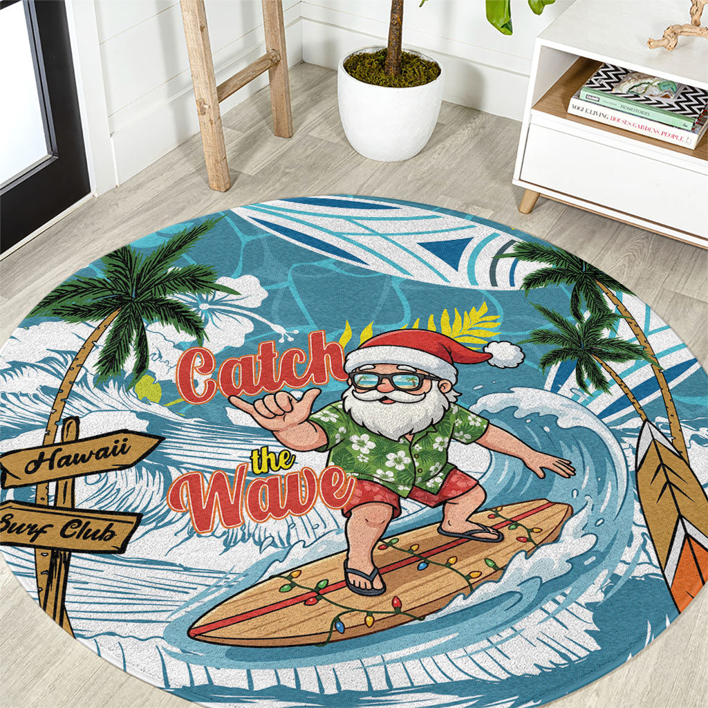 Hawaii Summer Christmas Round Carpet Surfing Santa Shaka Catch The Wave