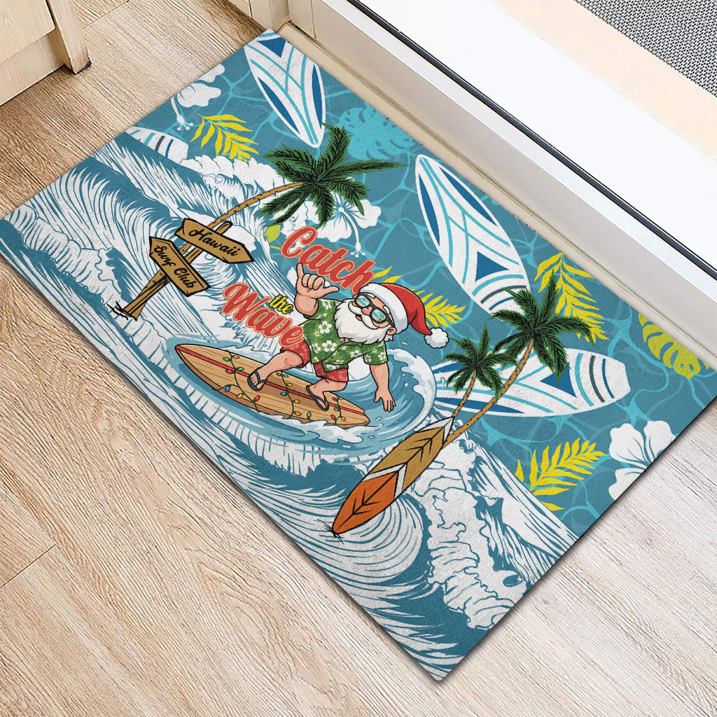Hawaii Summer Christmas Rubber Doormat Surfing Santa Shaka Catch The Wave