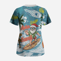Hawaii Summer Christmas Scrub Top Surfing Santa Shaka Catch The Wave