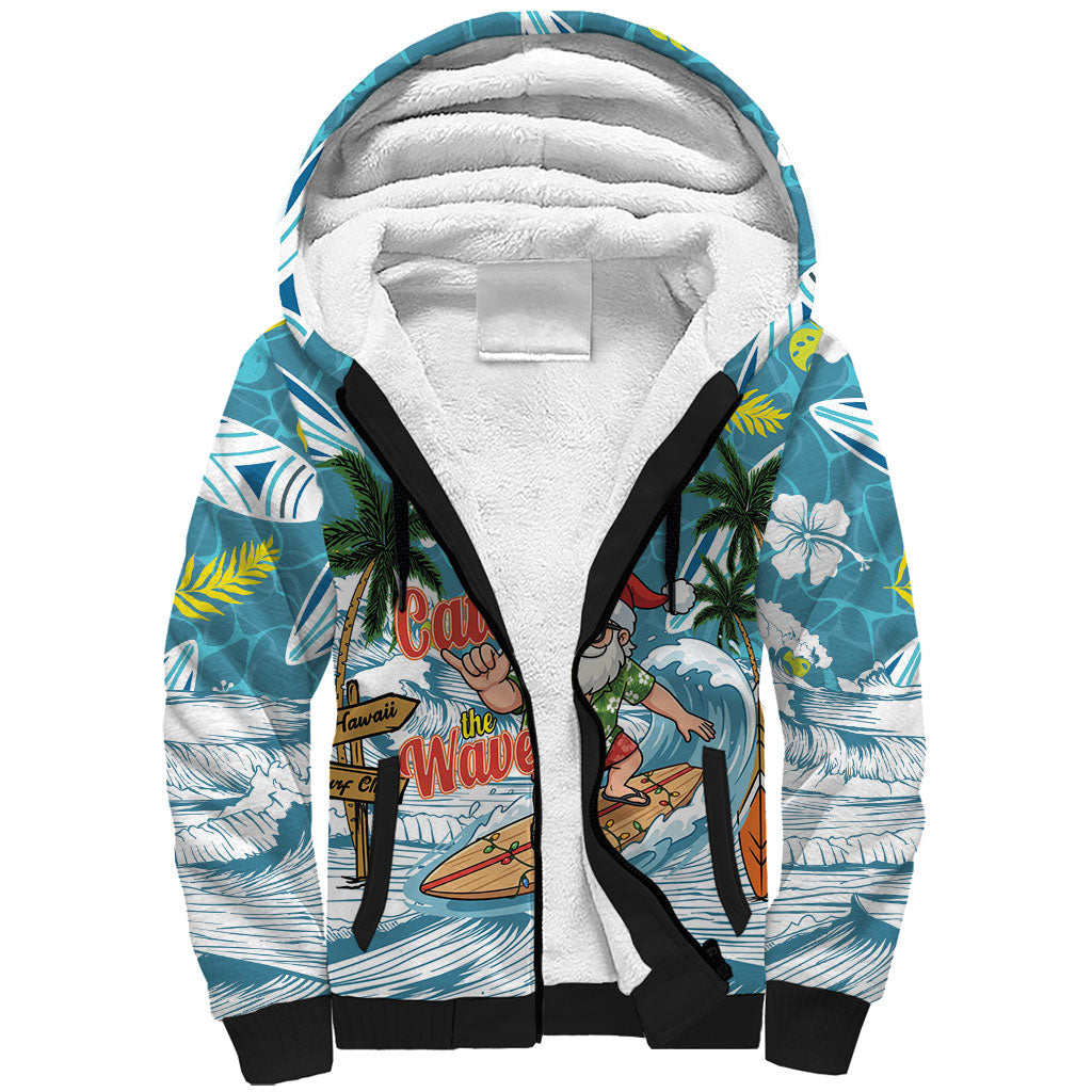 Hawaii Summer Christmas Sherpa Hoodie Surfing Santa Shaka Catch The Wave