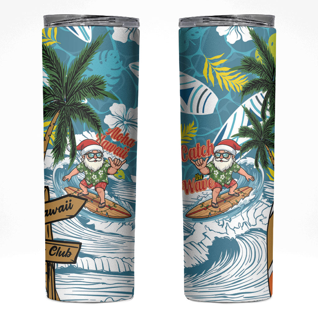 Hawaii Summer Christmas Skinny Tumbler Surfing Santa Shaka Catch The Wave LT14 Teal - Polynesian Pride