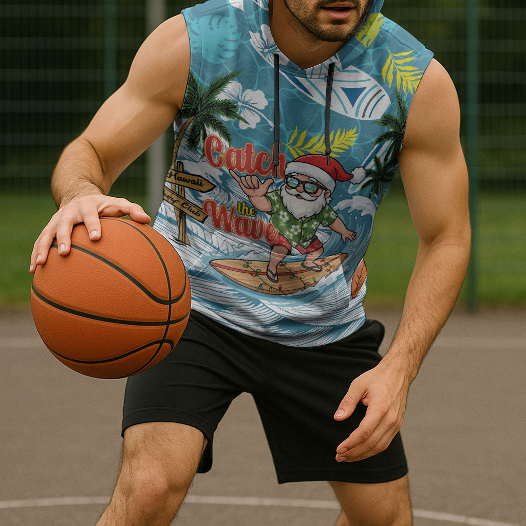Hawaii Summer Christmas Sleeveless Hoodie Surfing Santa Shaka Catch The Wave