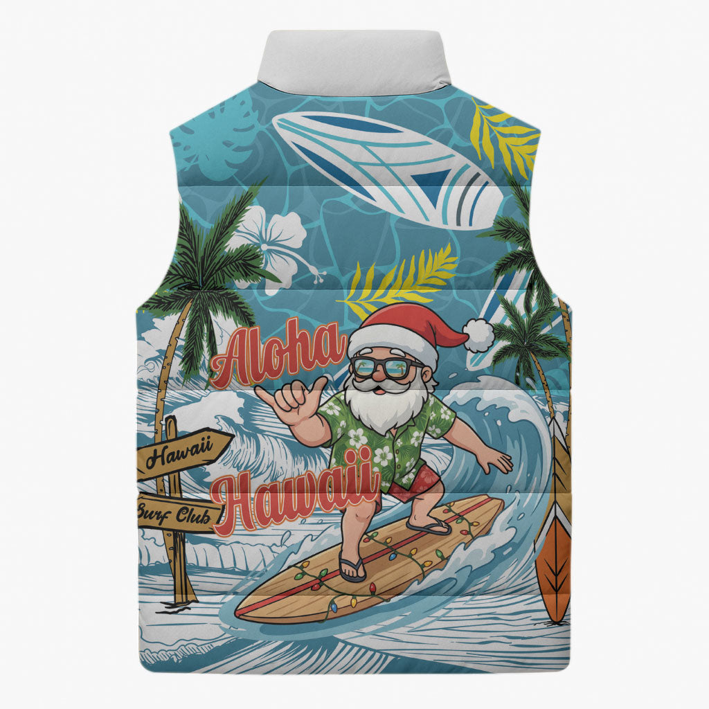 Hawaii Summer Christmas Sleeveless Puffer Jacket Surfing Santa Shaka Catch The Wave