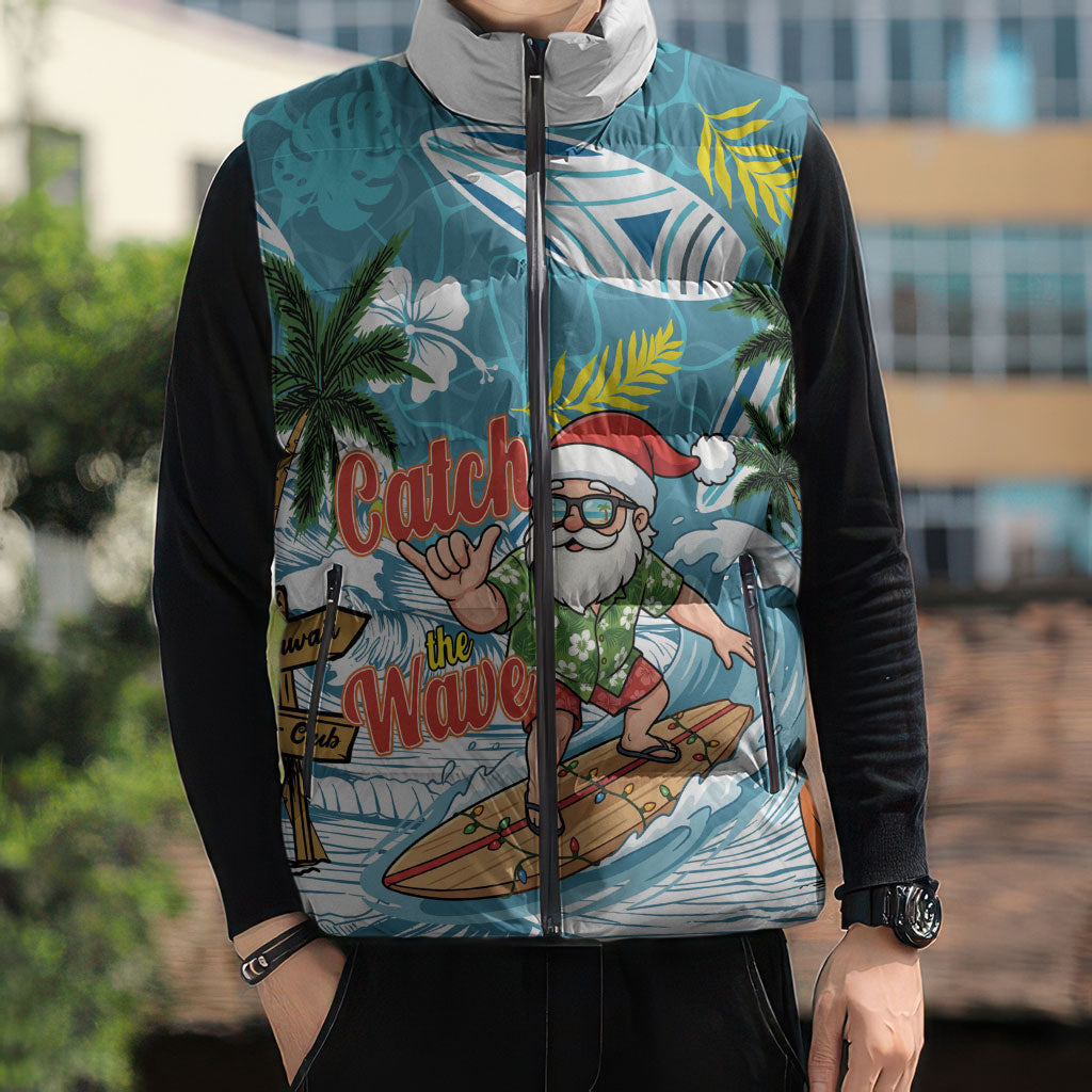 Hawaii Summer Christmas Sleeveless Puffer Jacket Surfing Santa Shaka Catch The Wave