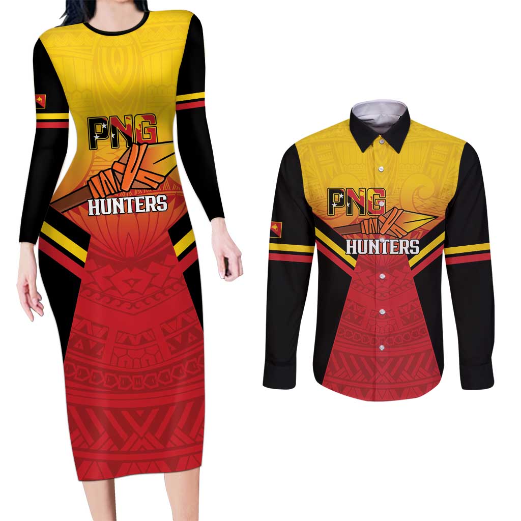 Papua New Guinea Rugby Custom Couples Matching Long Sleeve Bodycon Dress and Long Sleeve Button Shirt Go PNG Hunters Polynesian Pattern LT14 Red - Polynesian Pride