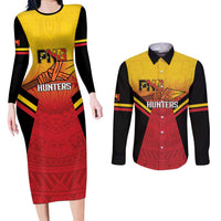 Papua New Guinea Rugby Custom Couples Matching Long Sleeve Bodycon Dress and Long Sleeve Button Shirt Go PNG Hunters Polynesian Pattern LT14 Red - Polynesian Pride