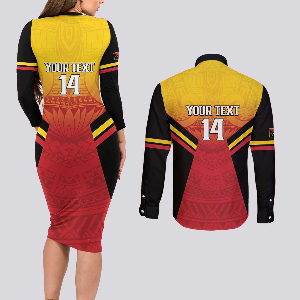 Papua New Guinea Rugby Custom Couples Matching Long Sleeve Bodycon Dress and Long Sleeve Button Shirt Go PNG Hunters Polynesian Pattern LT14 - Polynesian Pride