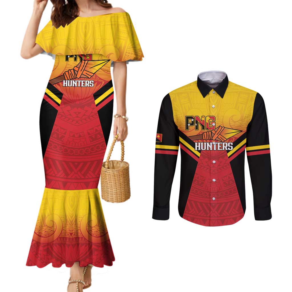 Papua New Guinea Rugby Custom Couples Matching Mermaid Dress and Long Sleeve Button Shirt Go PNG Hunters Polynesian Pattern LT14 Red - Polynesian Pride