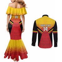Papua New Guinea Rugby Custom Couples Matching Mermaid Dress and Long Sleeve Button Shirt Go PNG Hunters Polynesian Pattern LT14 - Polynesian Pride