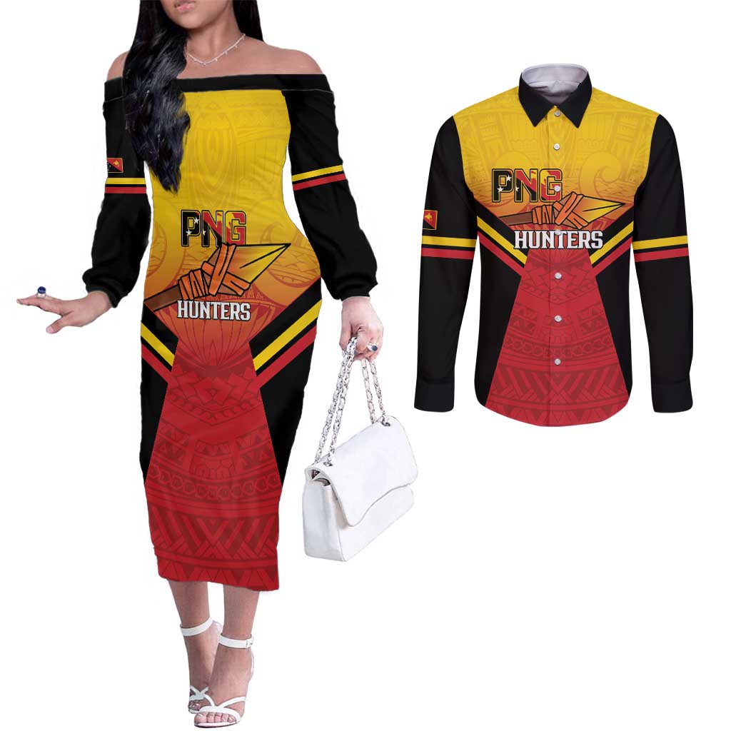 Papua New Guinea Rugby Custom Couples Matching Off The Shoulder Long Sleeve Dress and Long Sleeve Button Shirt Go PNG Hunters Polynesian Pattern LT14 Red - Polynesian Pride