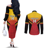 Papua New Guinea Rugby Custom Couples Matching Off The Shoulder Long Sleeve Dress and Long Sleeve Button Shirt Go PNG Hunters Polynesian Pattern LT14 - Polynesian Pride