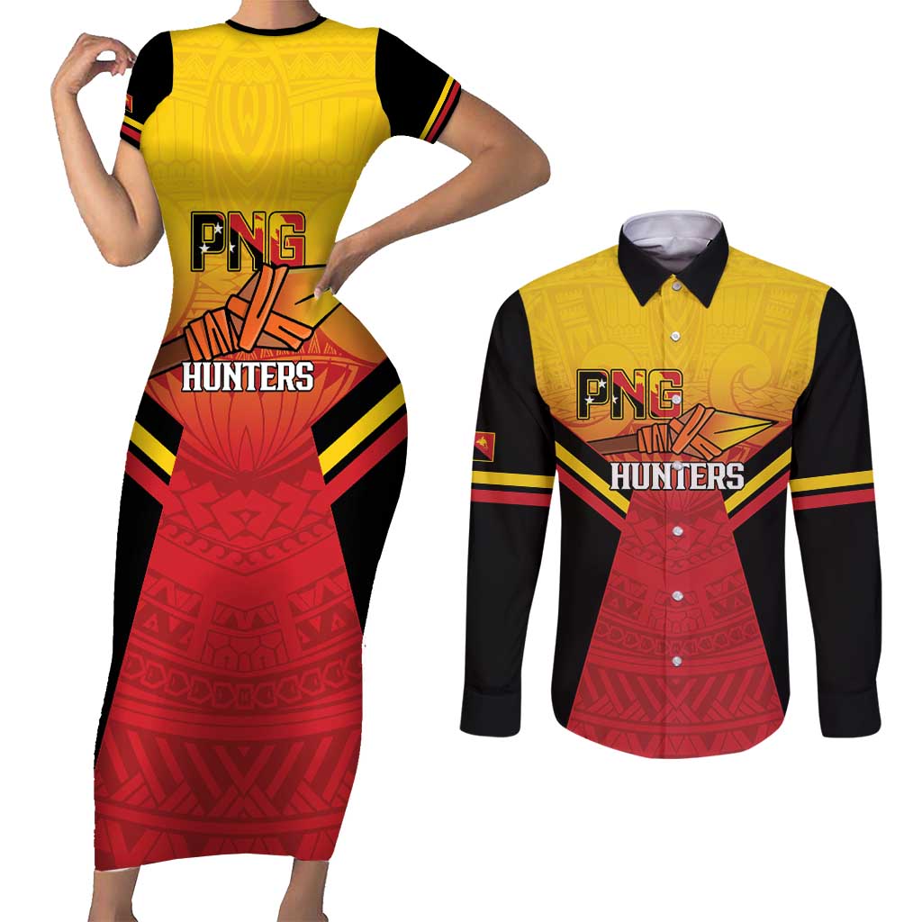 Papua New Guinea Rugby Custom Couples Matching Short Sleeve Bodycon Dress and Long Sleeve Button Shirt Go PNG Hunters Polynesian Pattern LT14 Red - Polynesian Pride