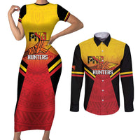 Papua New Guinea Rugby Custom Couples Matching Short Sleeve Bodycon Dress and Long Sleeve Button Shirt Go PNG Hunters Polynesian Pattern LT14 Red - Polynesian Pride
