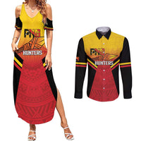 Papua New Guinea Rugby Custom Couples Matching Summer Maxi Dress and Long Sleeve Button Shirt Go PNG Hunters Polynesian Pattern LT14 Red - Polynesian Pride
