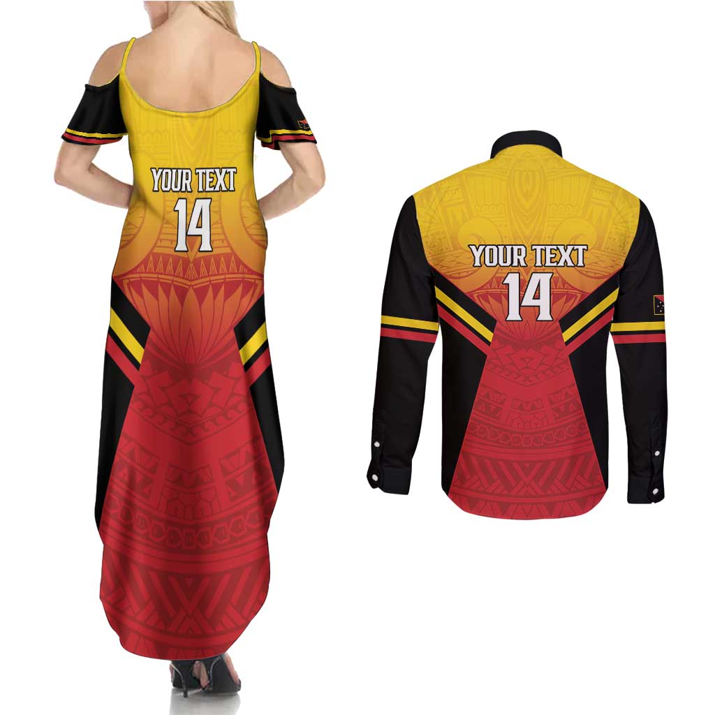 Papua New Guinea Rugby Custom Couples Matching Summer Maxi Dress and Long Sleeve Button Shirt Go PNG Hunters Polynesian Pattern LT14 - Polynesian Pride