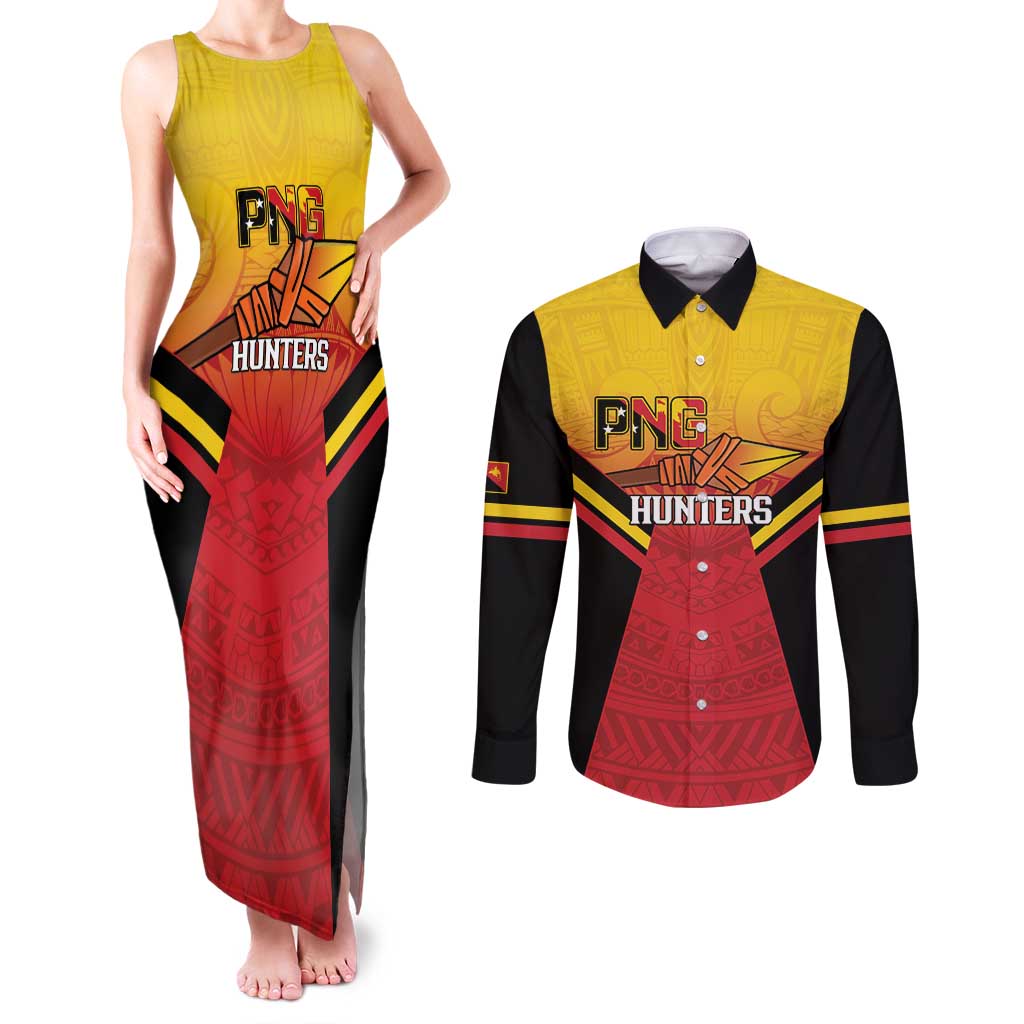 Papua New Guinea Rugby Custom Couples Matching Tank Maxi Dress and Long Sleeve Button Shirt Go PNG Hunters Polynesian Pattern LT14 Red - Polynesian Pride