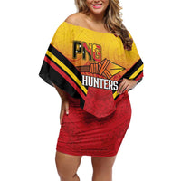 Papua New Guinea Rugby Custom Off Shoulder Short Dress Go PNG Hunters Polynesian Pattern - Polynesian Pride