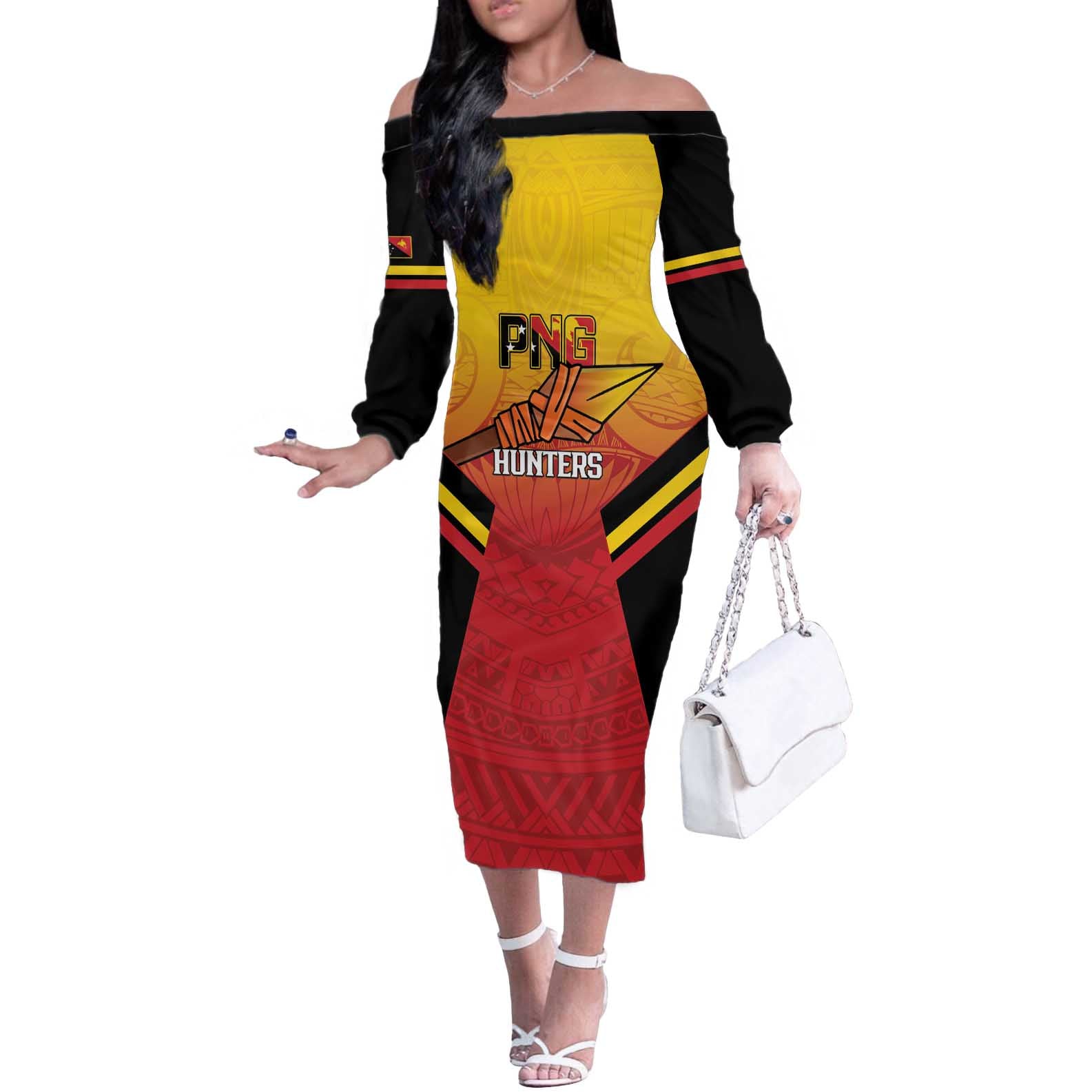 Papua New Guinea Rugby Custom Off The Shoulder Long Sleeve Dress Go PNG Hunters Polynesian Pattern - Polynesian Pride