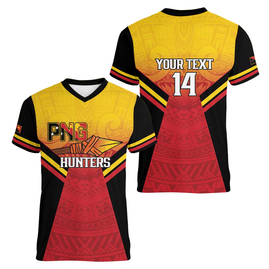 Papua New Guinea Rugby Custom Women V-Neck T-Shirt Go PNG Hunters Polynesian Pattern LT14 - Polynesian Pride